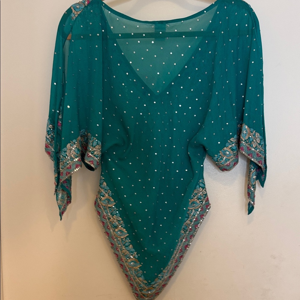 Chic Teal V-Neck Women's Blouse with Silver and Pink Accents - Picture 5 of 7